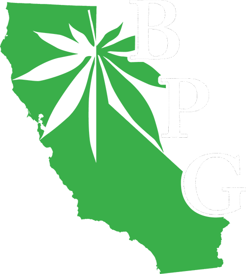 Green California outline with a white cannabis leaf design and the letters 