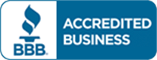 BBB Accredited Business logo, blue and white, flame icon.