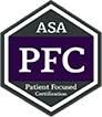 ASA PFC Patient Focused Certification badge, purple and gray hexagonal design.