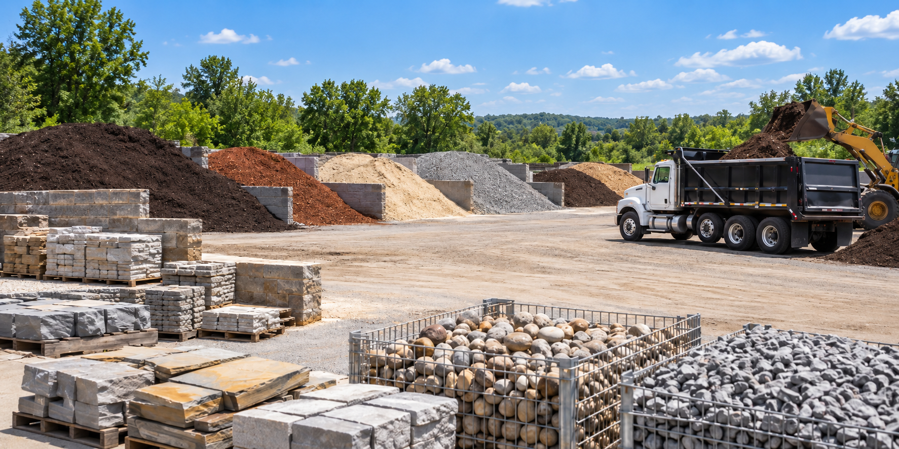 Industrial gravel yard with piles of stone, stacked pallets, and a dump truck under a blue sky