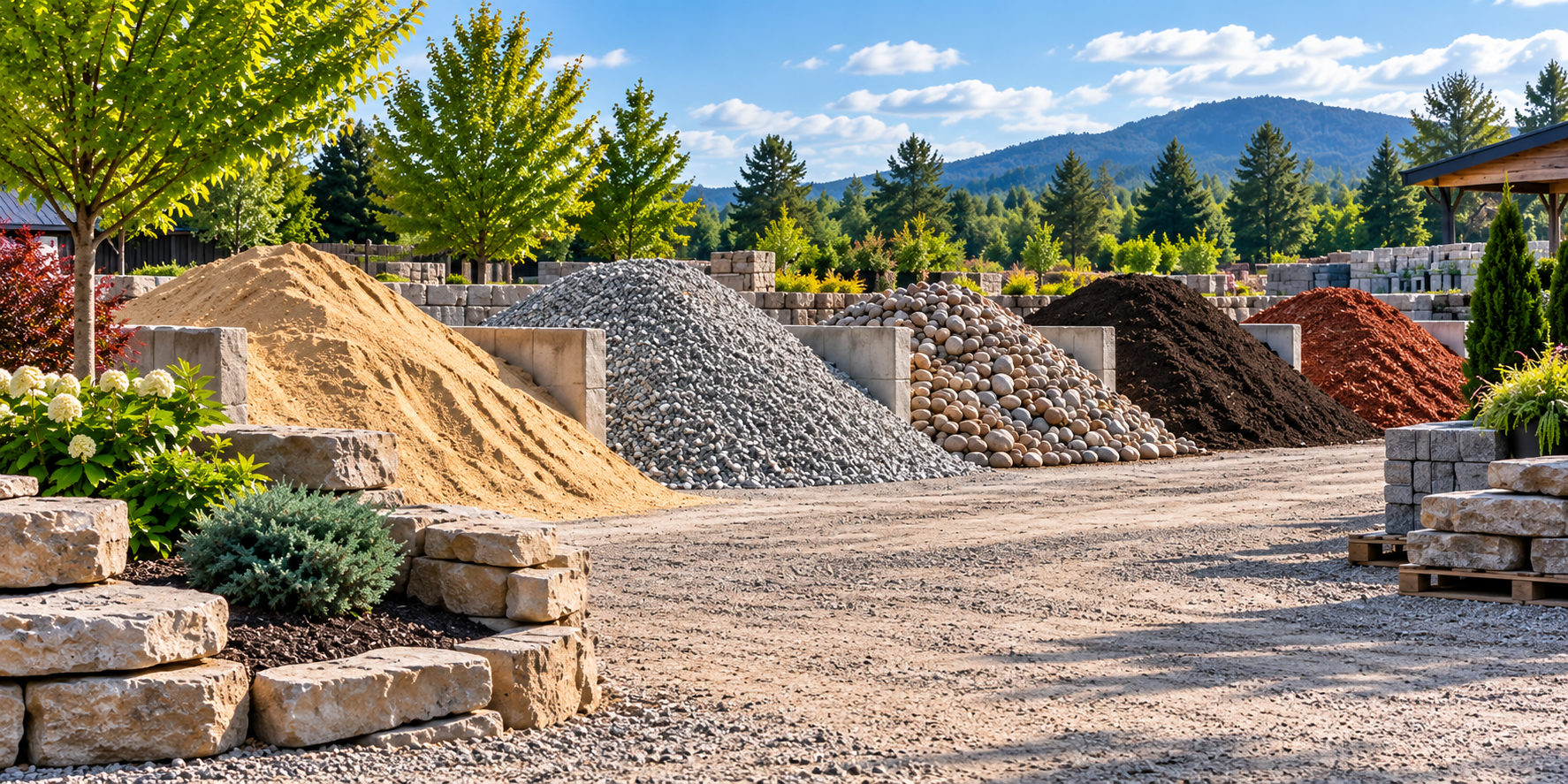 Stacked gravel and decorative rock piles in an outdoor landscaping yard with mountains in the background