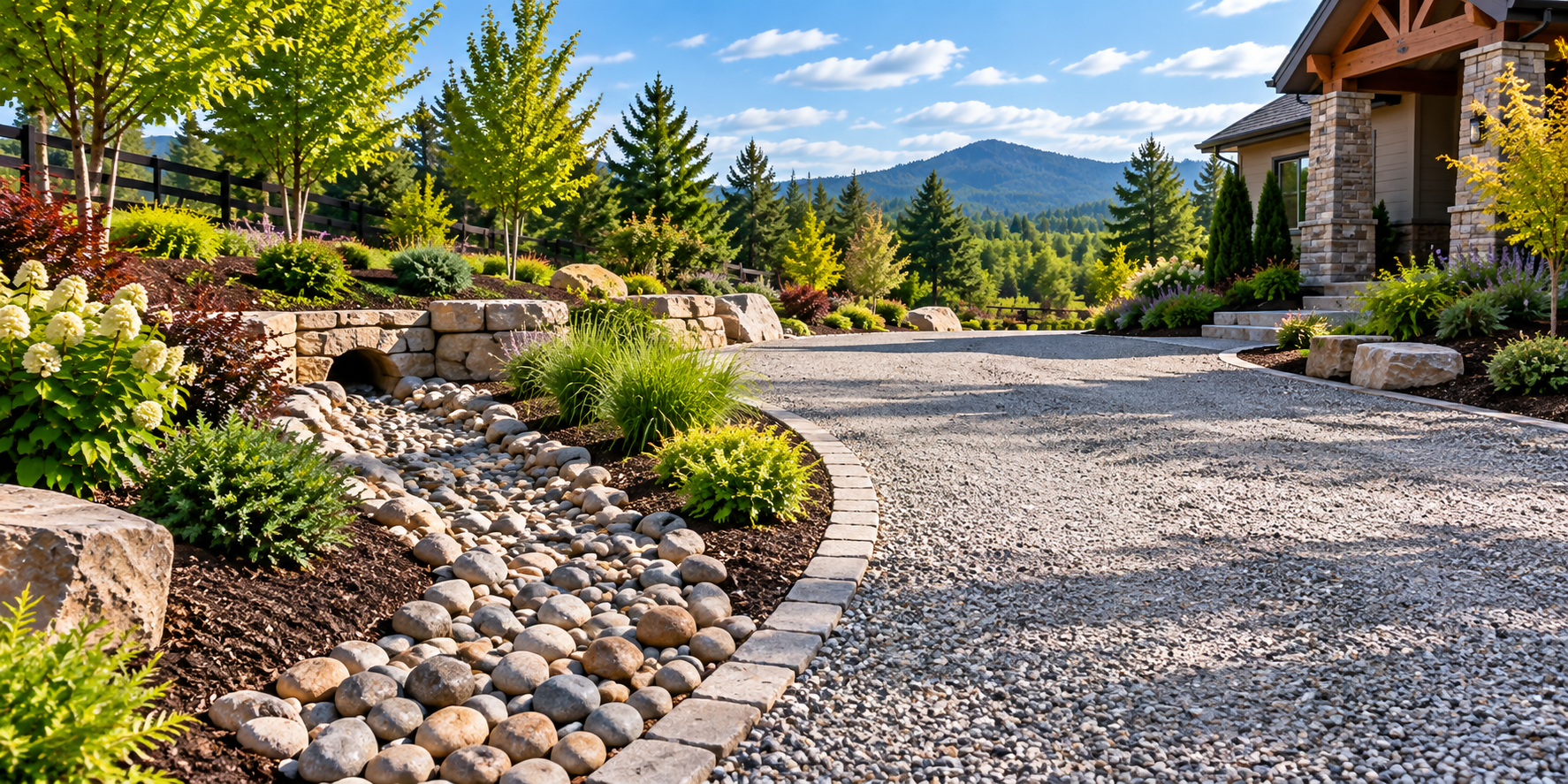 Curved gravel driveway beside landscaped garden and stone house, with mountains and pine trees in the background