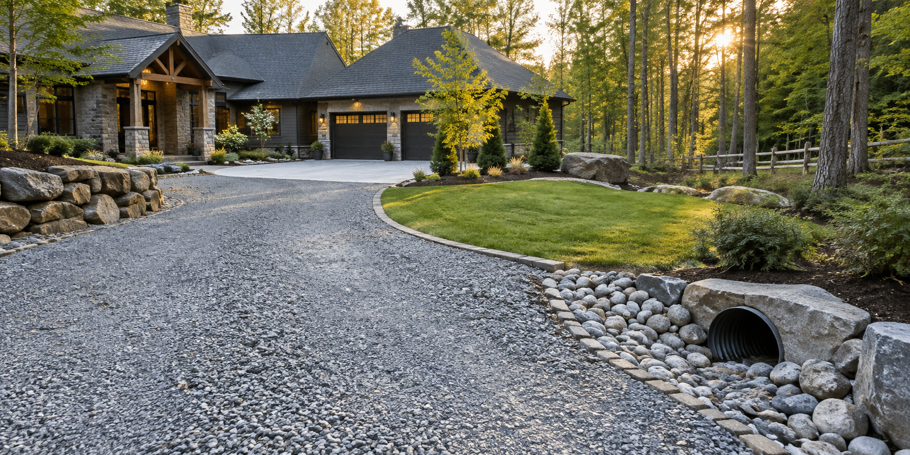 Gravel driveway curving to a rustic house with stone landscaping and a small culvert in a wooded yard