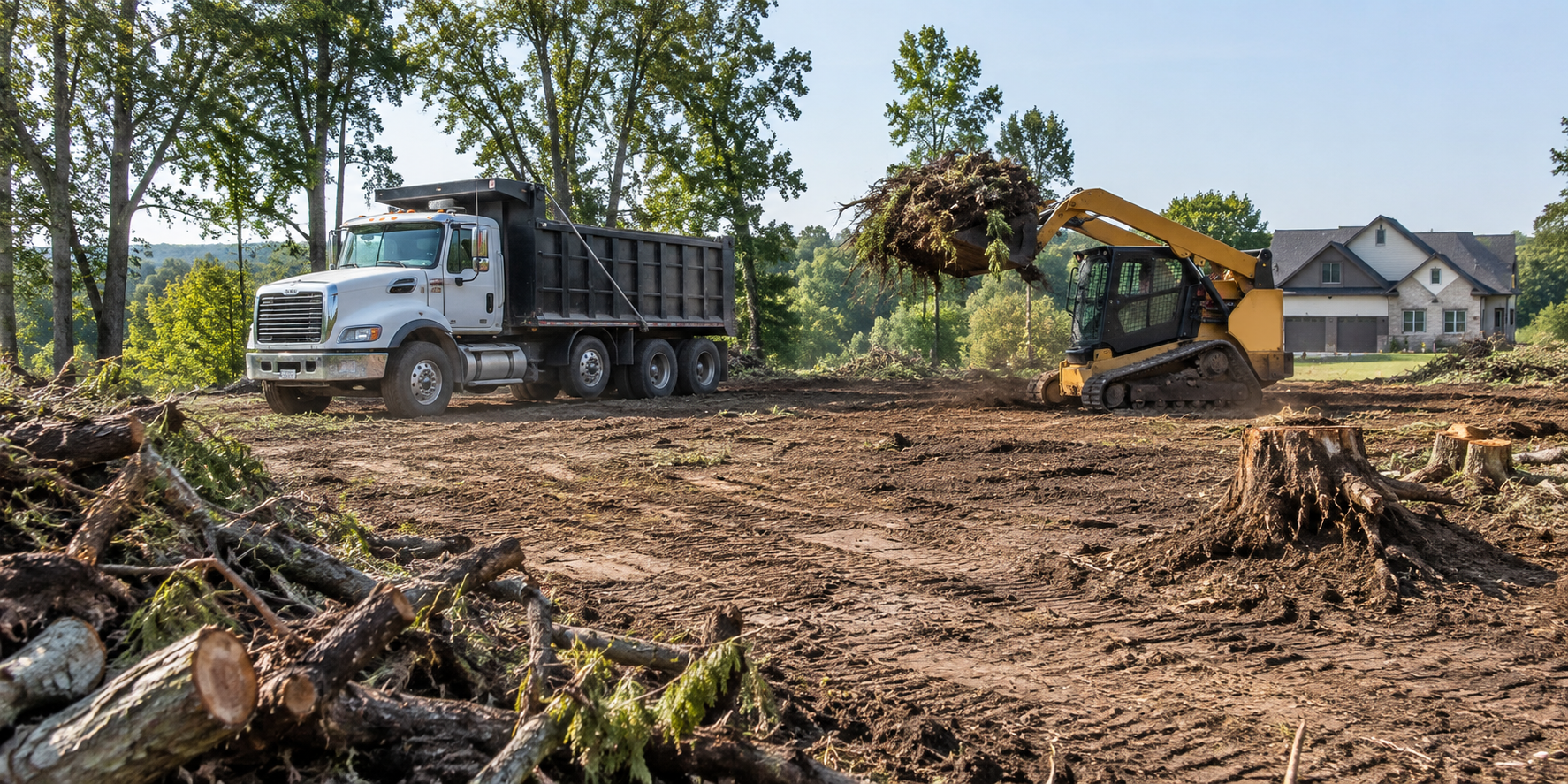 Dump truck and excavator clearing a wooded lot near houses in daylight