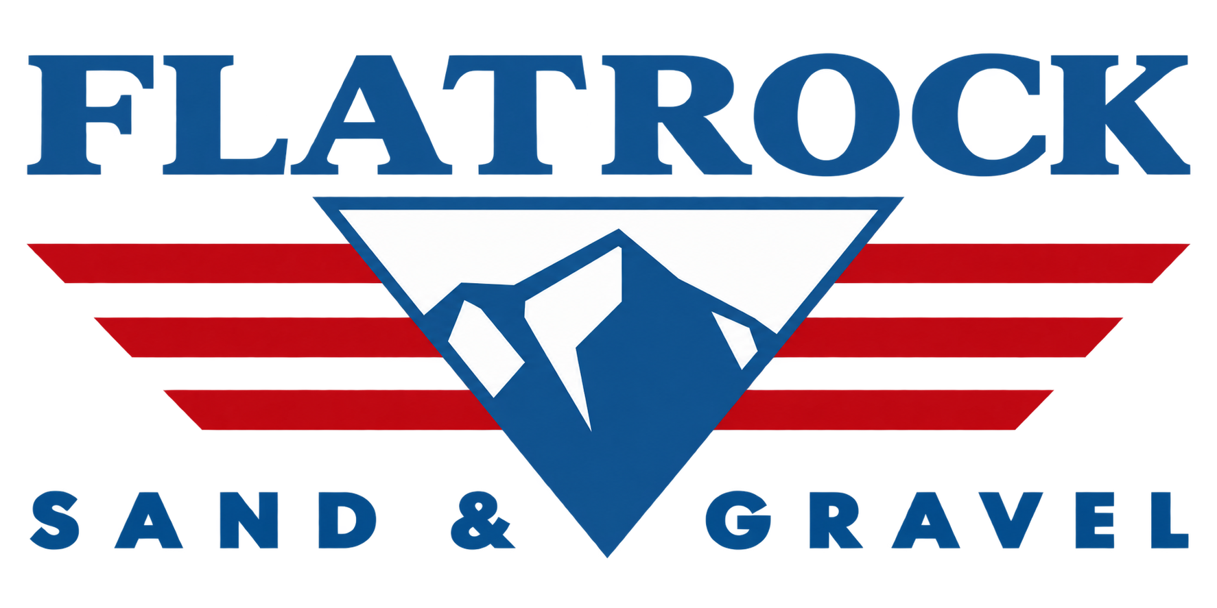 Flat Rock Sand & Gravel logo with blue text and red-striped mountain emblem