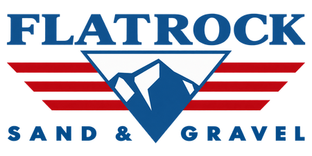 Flat Rock Sand & Gravel logo with blue text and red-striped mountain emblem