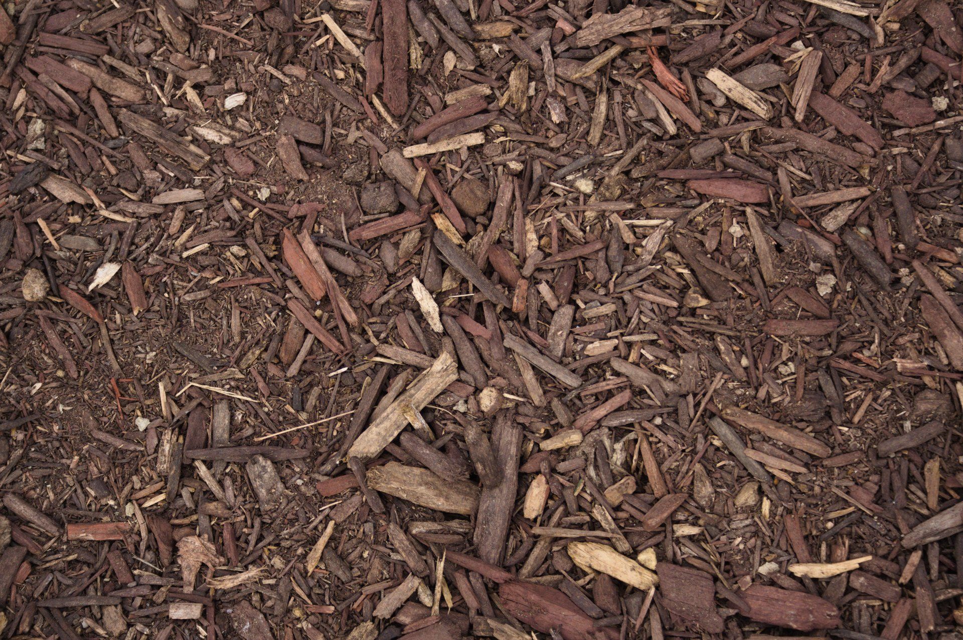 Brown wood mulch with small bark chips scattered across the ground