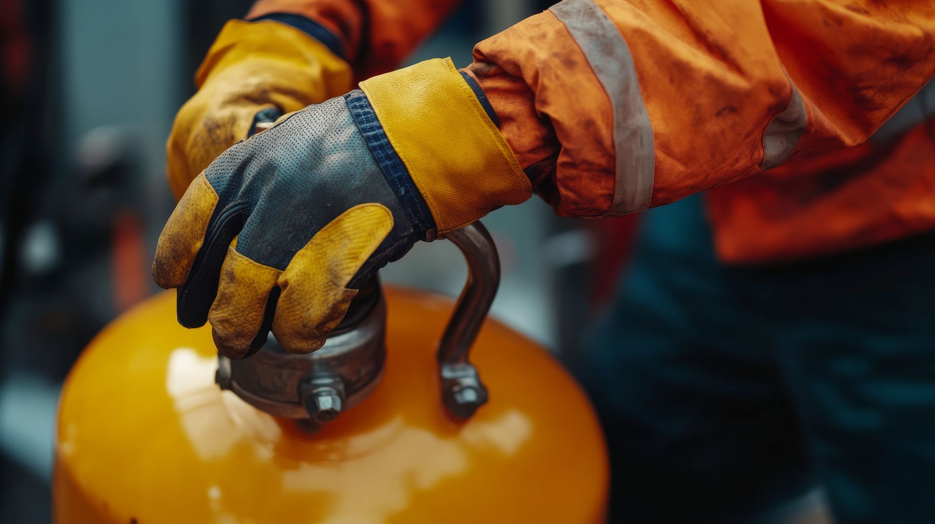 A worker in orange safety gear and yellow gloves handling a yellow gas cylinder in a workshop.