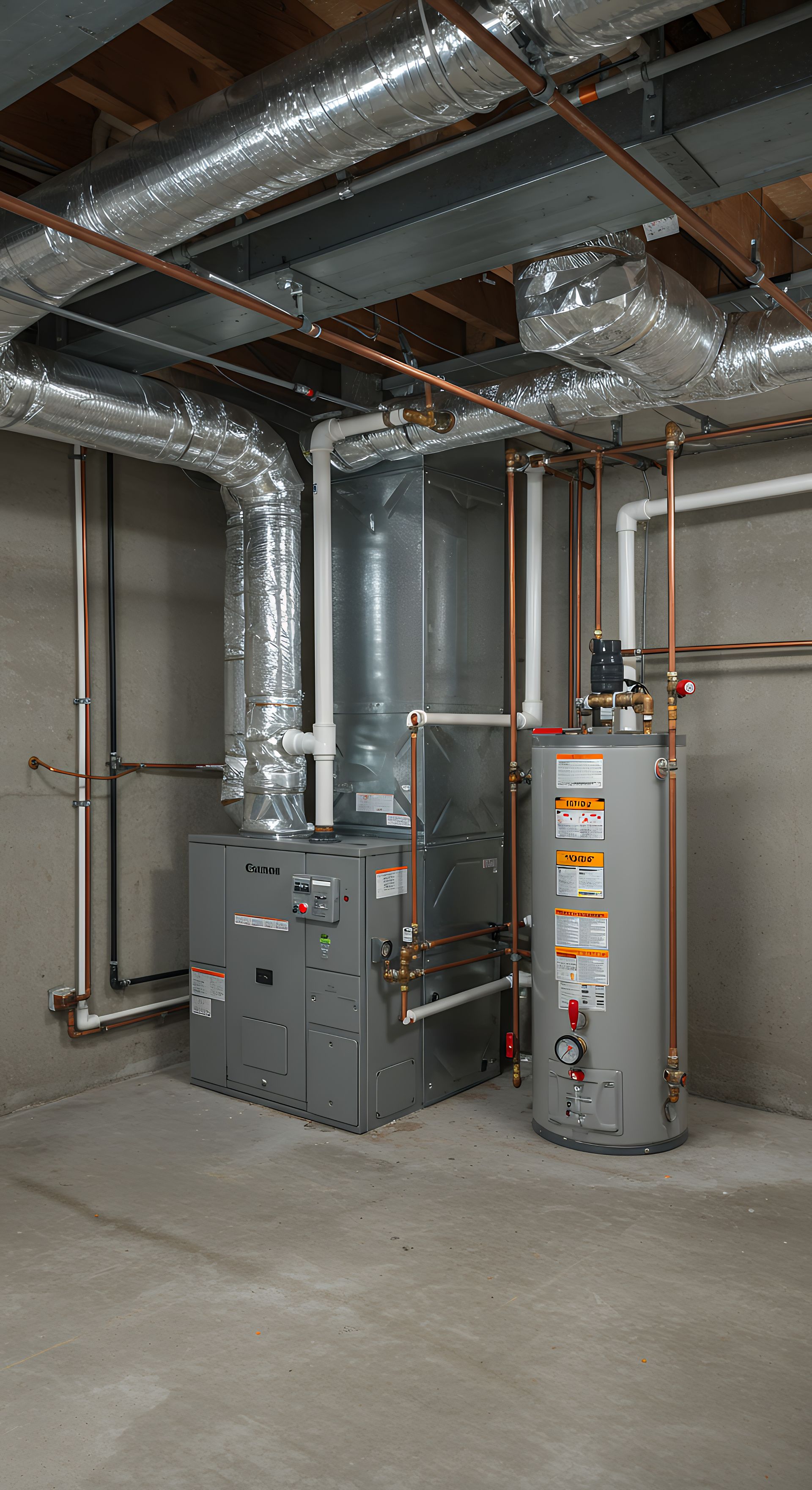 Furnace and water heater in a concrete basement. Silver ductwork and copper pipes are visible.