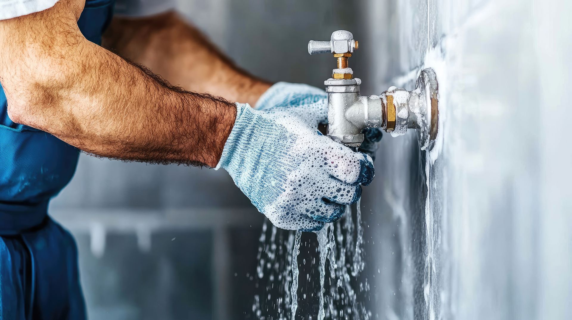 A person wearing gloves, fixing a water tap. Water is flowing, the setting is a tiled wall.