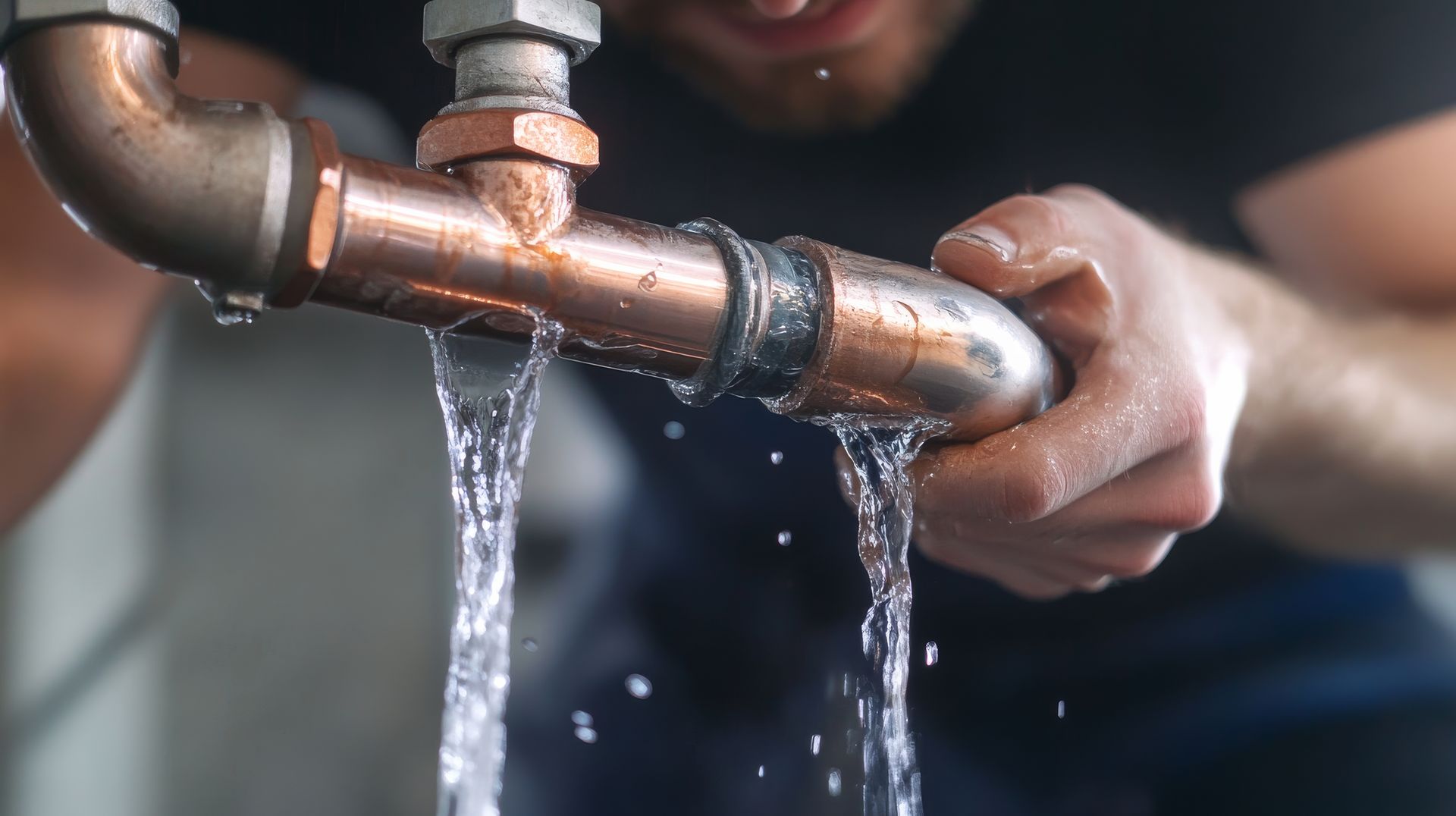 Man holding a leaking copper pipe. Water gushes out of the joint, indoors.
