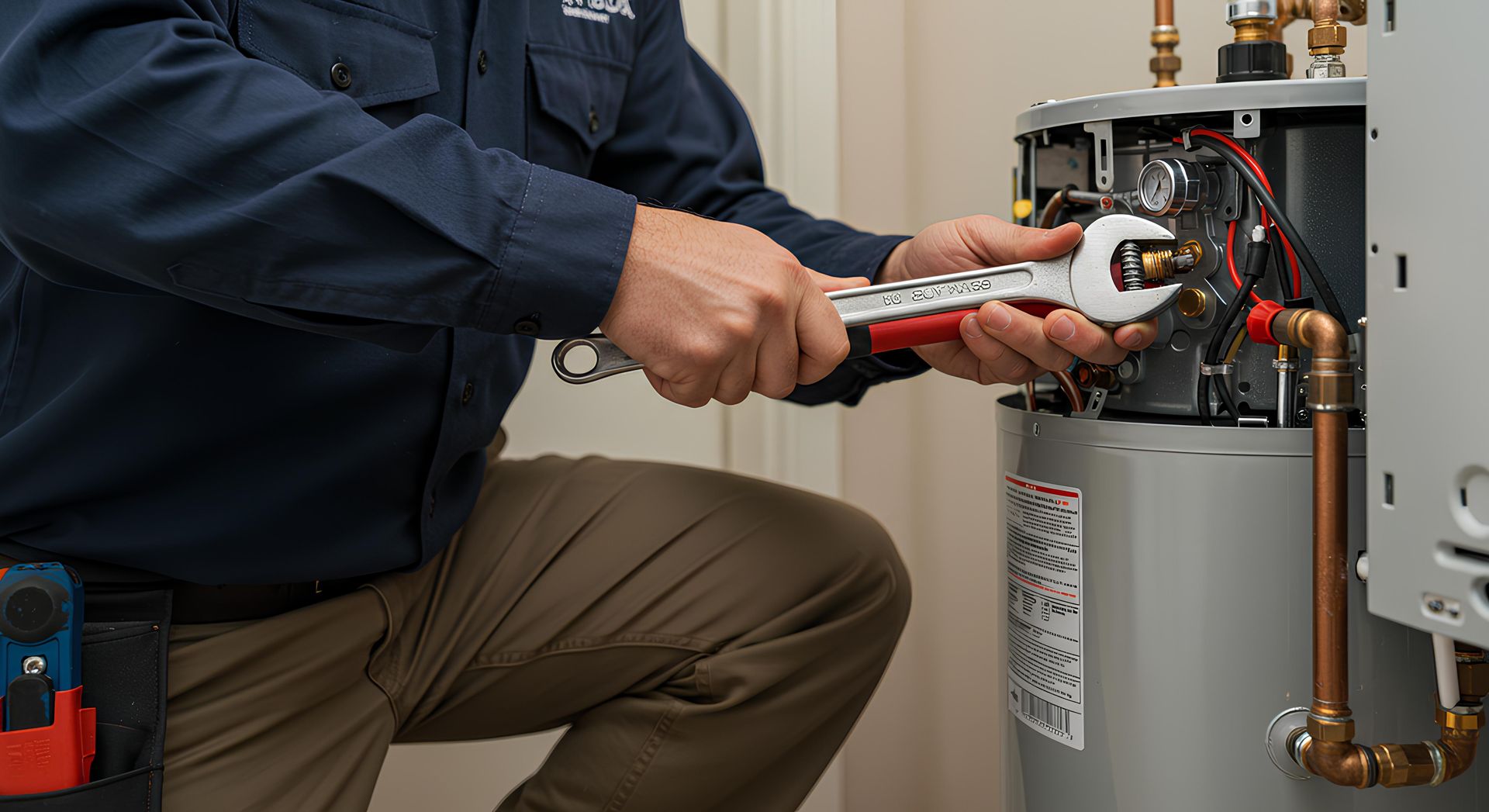 A plumber in a blue shirt and khaki pants repairs a water heater with a wrench.