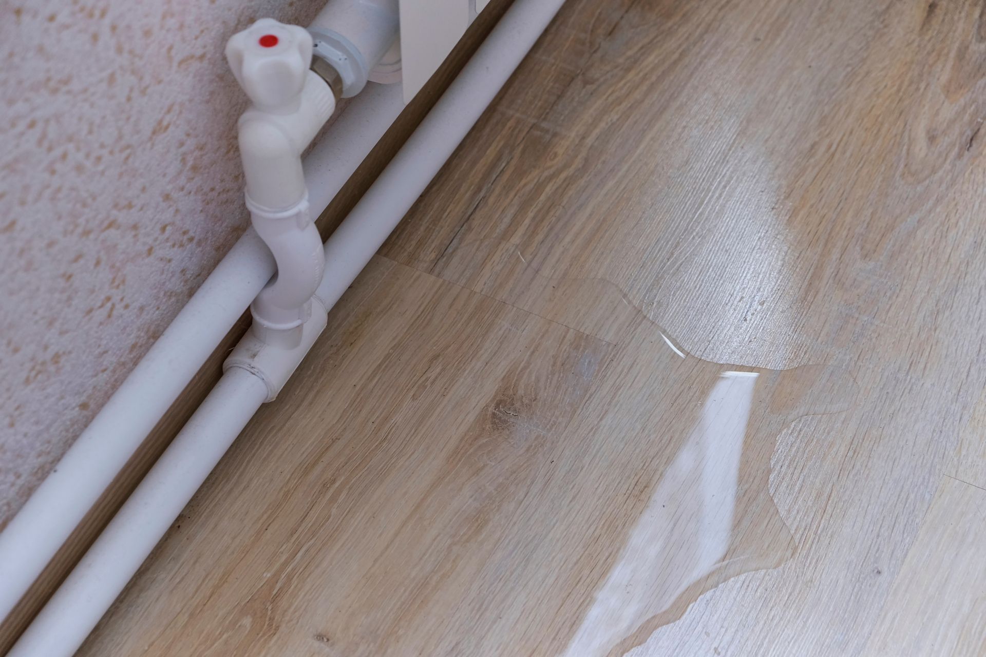 Water damaged flooring near white pipes and a faucet. A section of the light-colored flooring is cracked and peeling.
