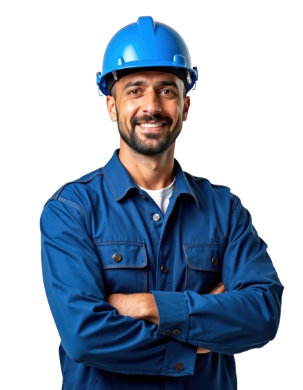 Man with a beard in a blue hard hat and work suit smiling with arms crossed.