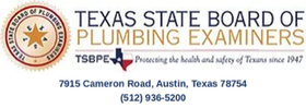 Texas State Board of Plumbing Examiners logo & seal, star, & Texas flag; Protecting the health & safety of Texans since 1947.