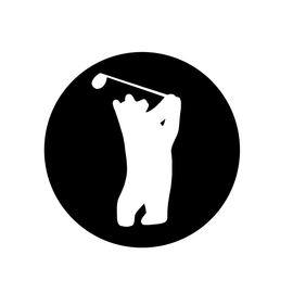 A silhouette of a bear swinging a golf club in a circle. Golfing animal.