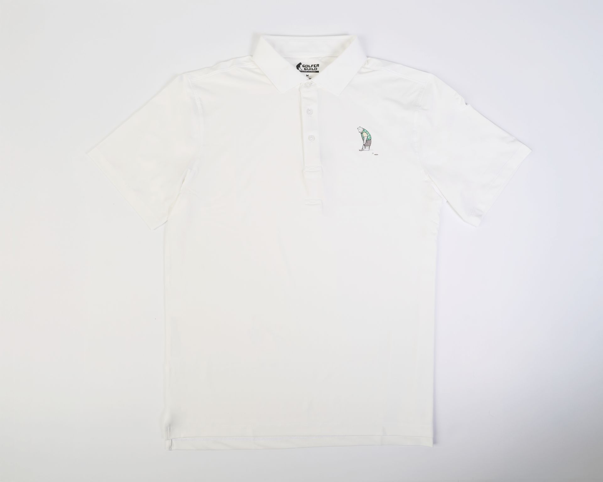 Male model in golfing animal performance polo - polar bear putting