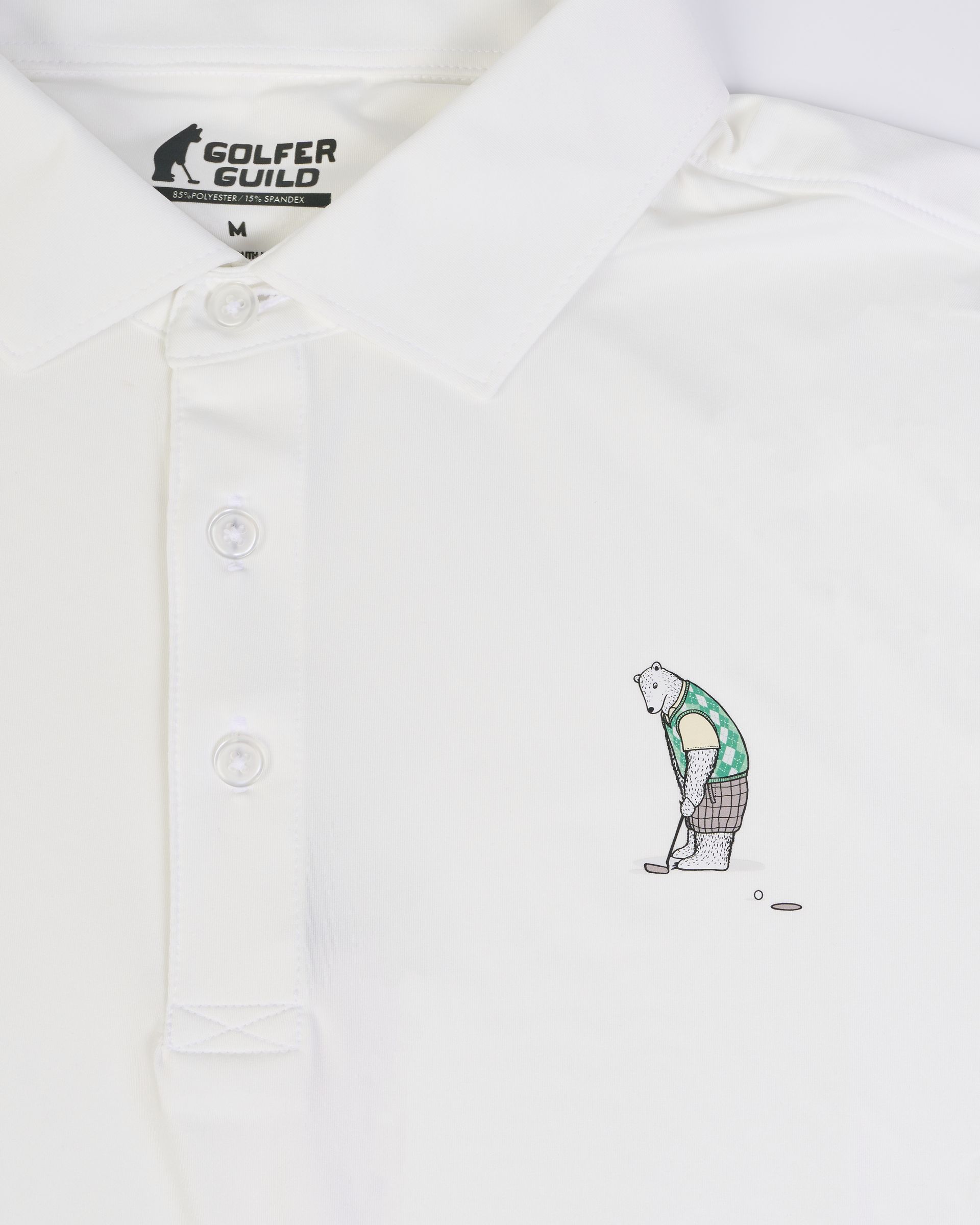Golfer Guild Arctic Ace polo with polar-bear golfing animal art by Jonas Claesson