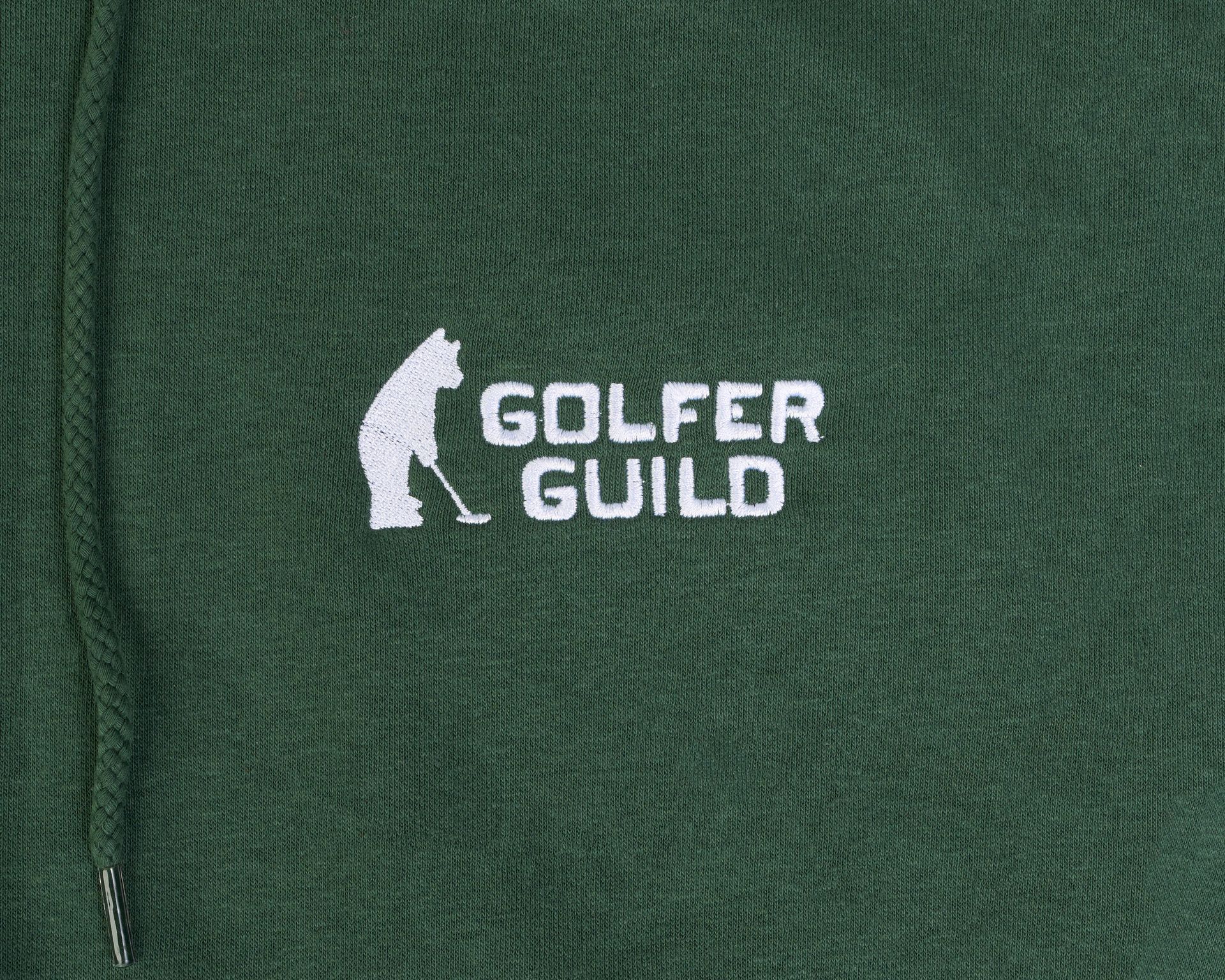 Golfer Guild Coziest Hoodie with Jonas Claesson golfing animal art, sustainable cotton fleece. OEKO TEX certified.