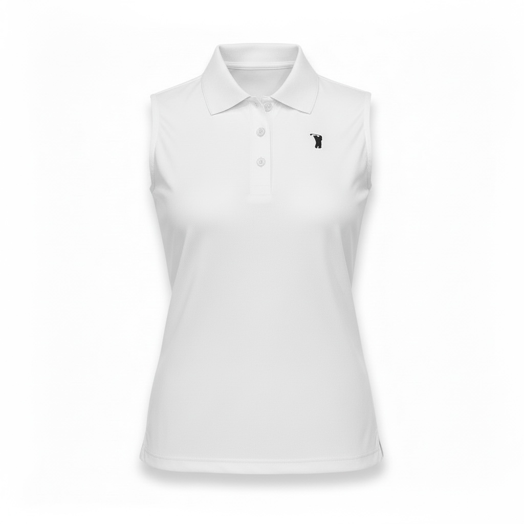 White sleeveless polo shirt with collar and small chest logo on a plain background