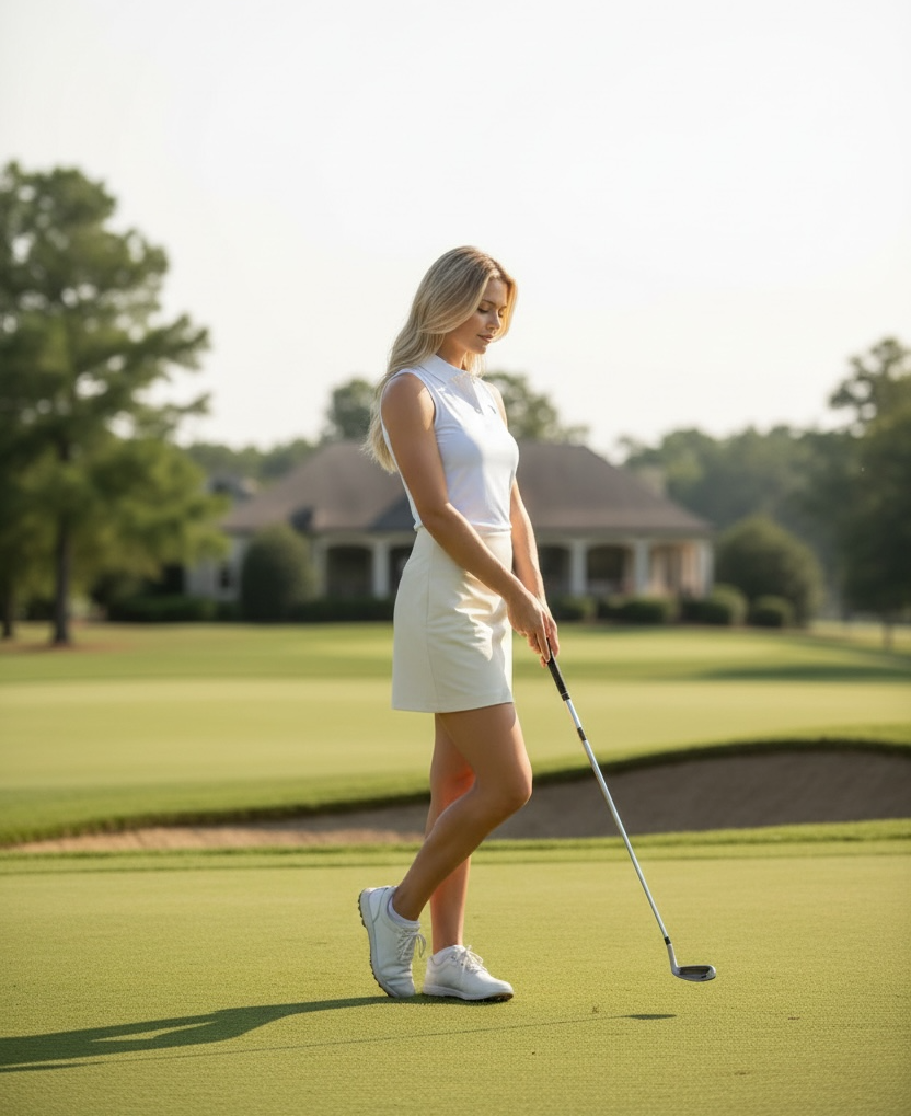 Female model in white sleeveless cutest polo in golf - features golfing bear silhouette