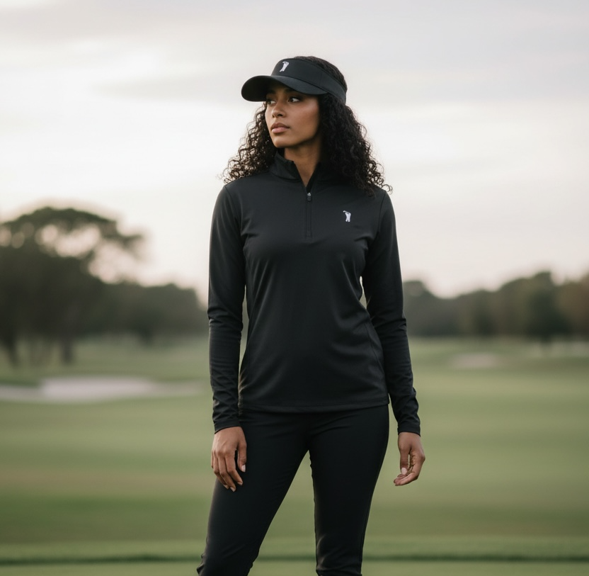 Female model in black coziest quarter zip in golf