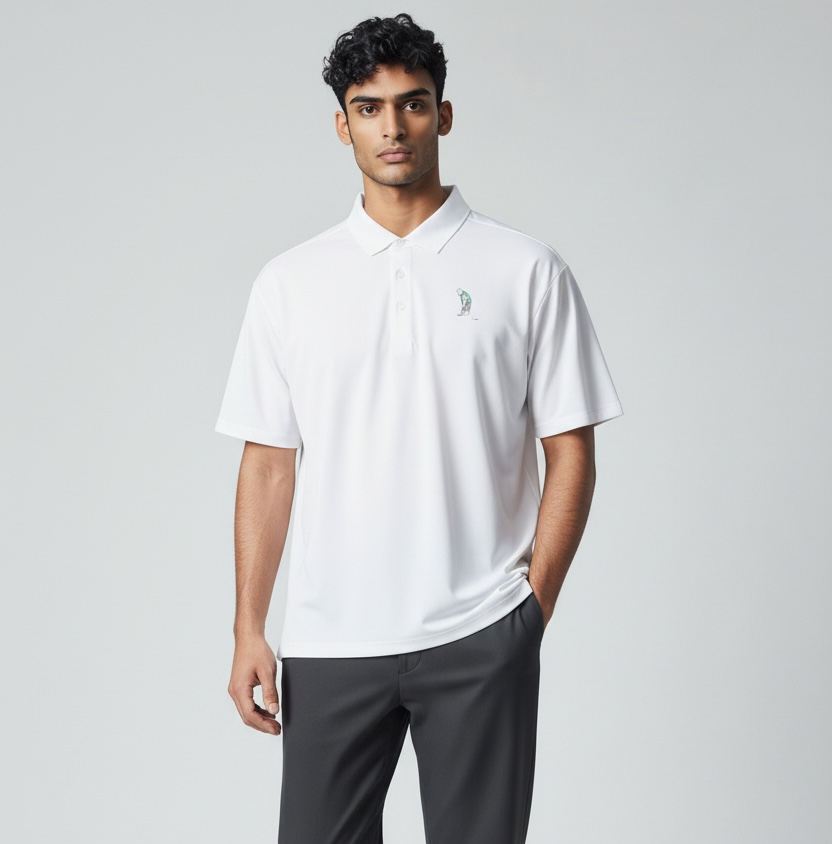 Male model in golfing animal performance polo - polar bear putting