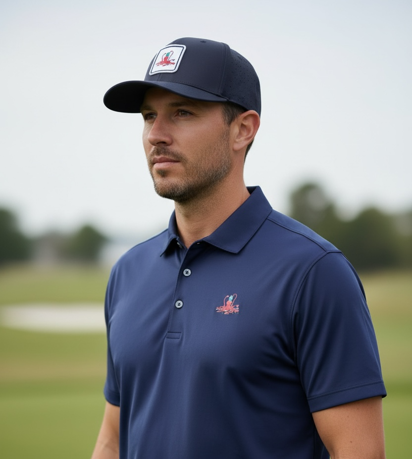 Male model in golfing animal hat - octopus picking up golf balls