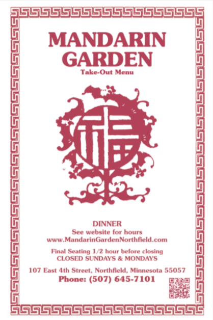 View Take Out Menu Below Mandarin Garden Take-Out Menu. Features a red logo, address and phone number.