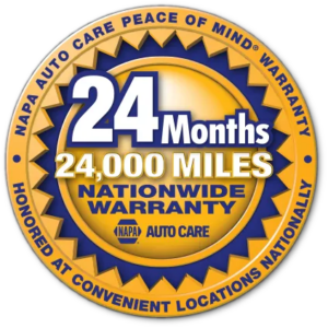 NAPA Auto Care warranty badge: 24 months, 24,000 miles nationwide warranty in blue and gold.