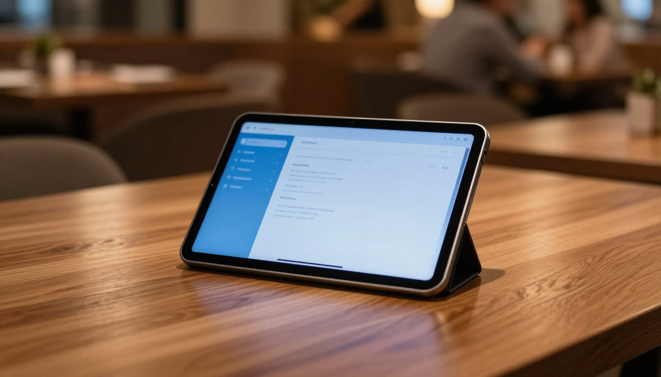 A restaurant owner reviewing marketing data on a tablet in a busy dining room.