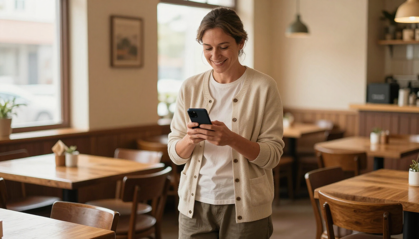 Person standing in a cozy café, looking down at a smartphone and smiling
