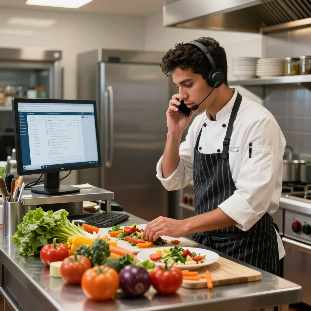 Chef prepping vegetables in commercial kitchen while managing calls with headset and computer nearby