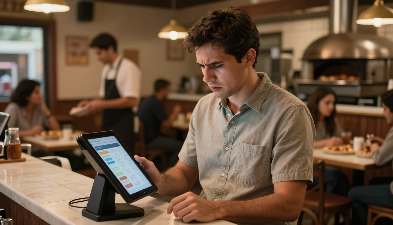 Frustrated independent restaurant owner staring at a POS tablet screen in a busy casual restaurant