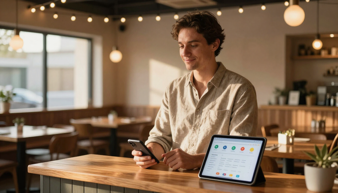Restaurant owner calmly checking phone and Google reviews at the host stand before opening, represen
