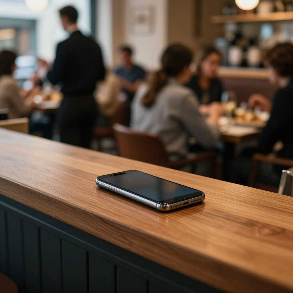 A phone sitting unattended on a restaurant host stand, a busy blurred dining room visible in the bac