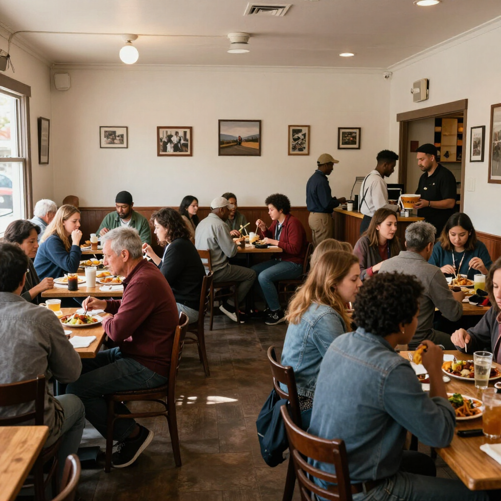Busy independent restaurant full of local guests during lunch service