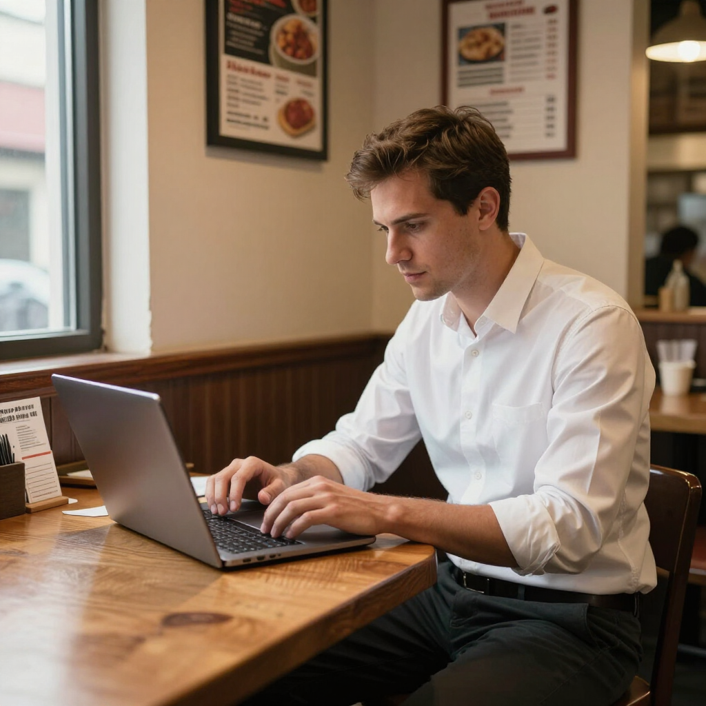 A restaurant manager working on his laptop in his restaurant