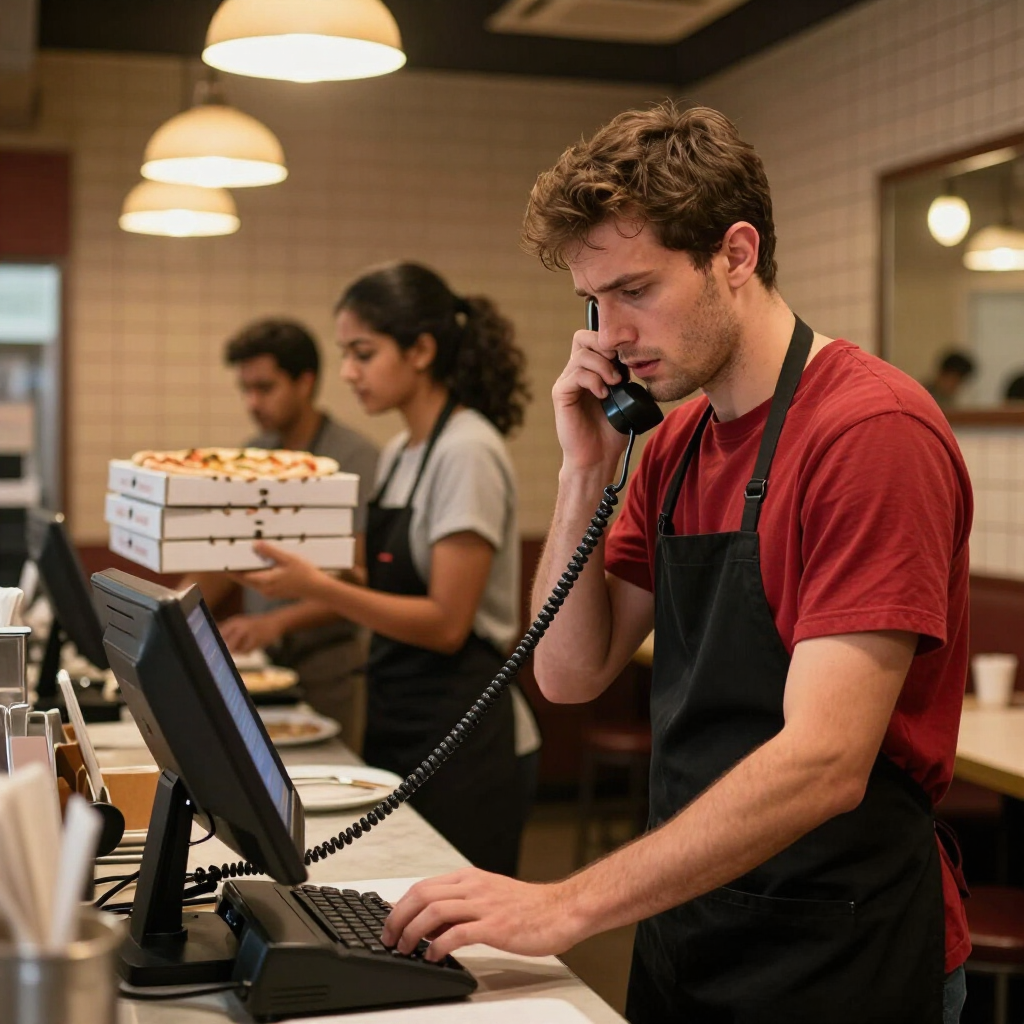Overwhelmed restaurant employee trying to answer a ringing phone during a busy lunch rush at an inde