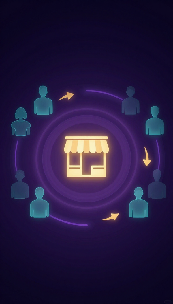 Circular icon showing a storefront at center with people icons around it and arrows indicating a network or cycle Misify Mise