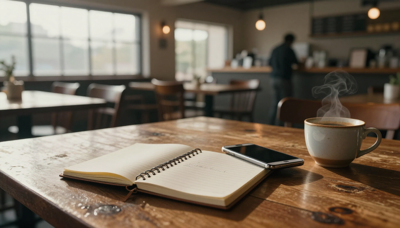 A notebook and smartphone on a worn wood restaurant table, an empty dining room being set for servic