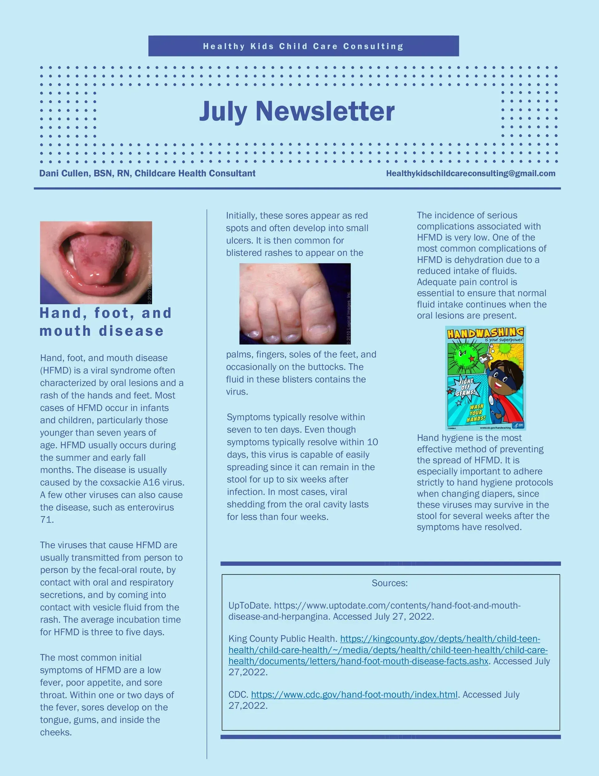 July Newsletter page with article columns and small medical images on a light blue background