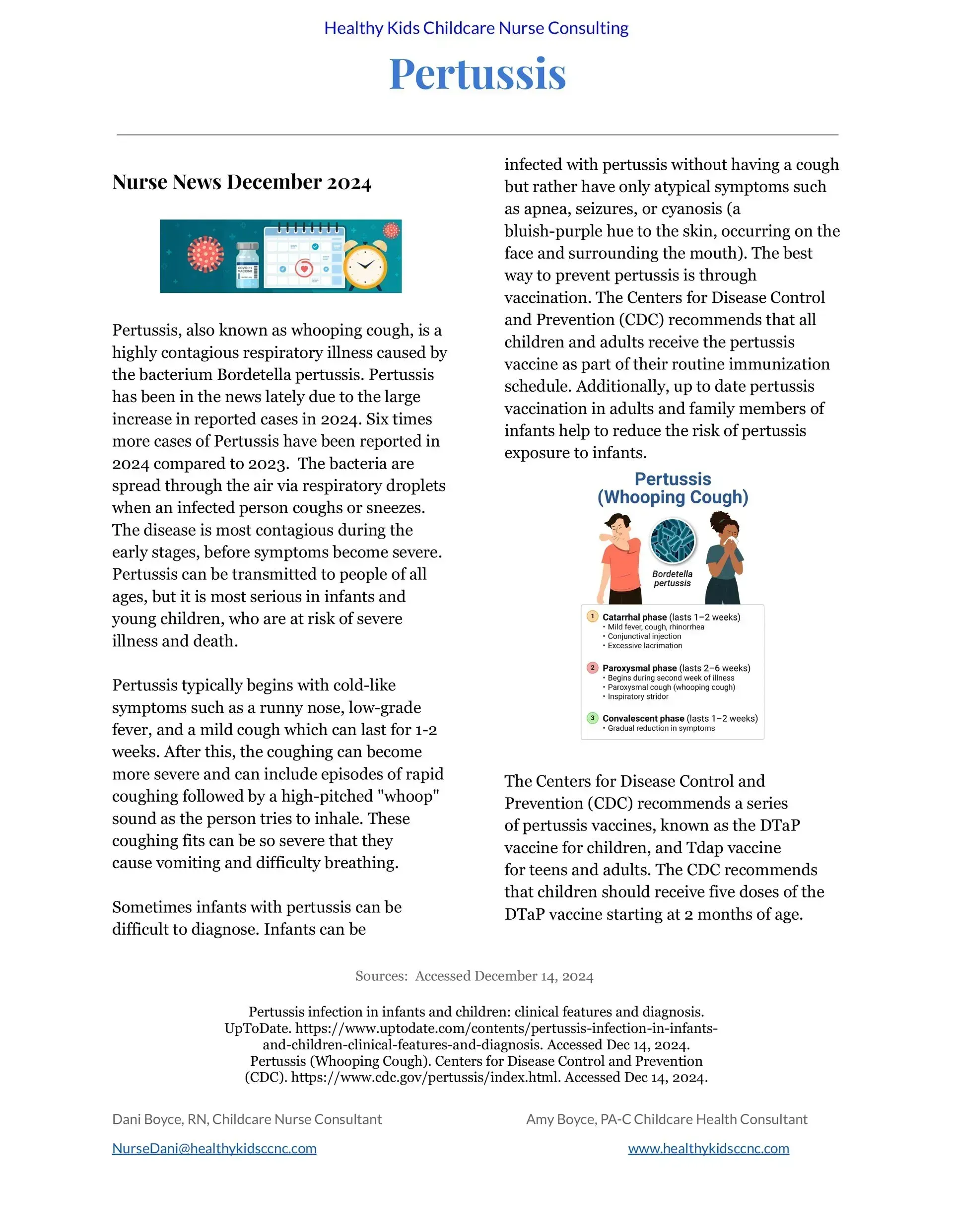 A page on pertussis with text blocks and small illustrations of people and symptoms.