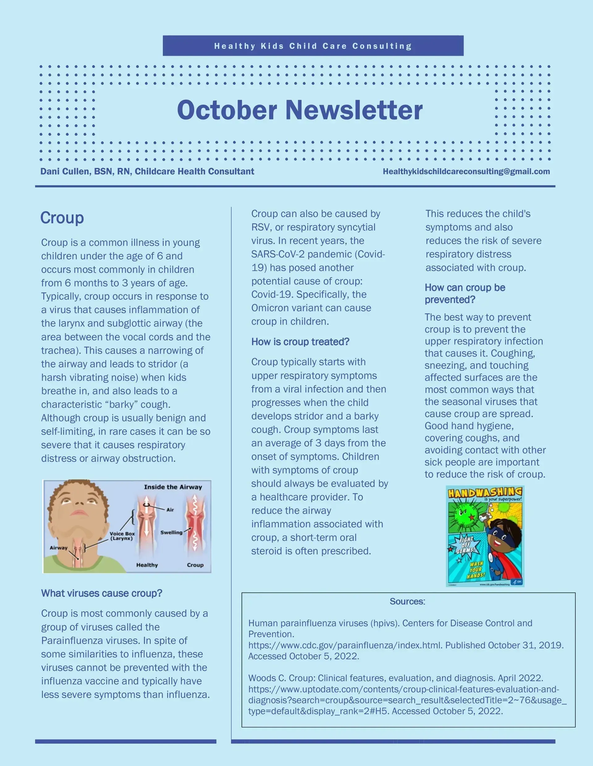 October newsletter page with three columns of text and two small colorful illustrations on a light blue background