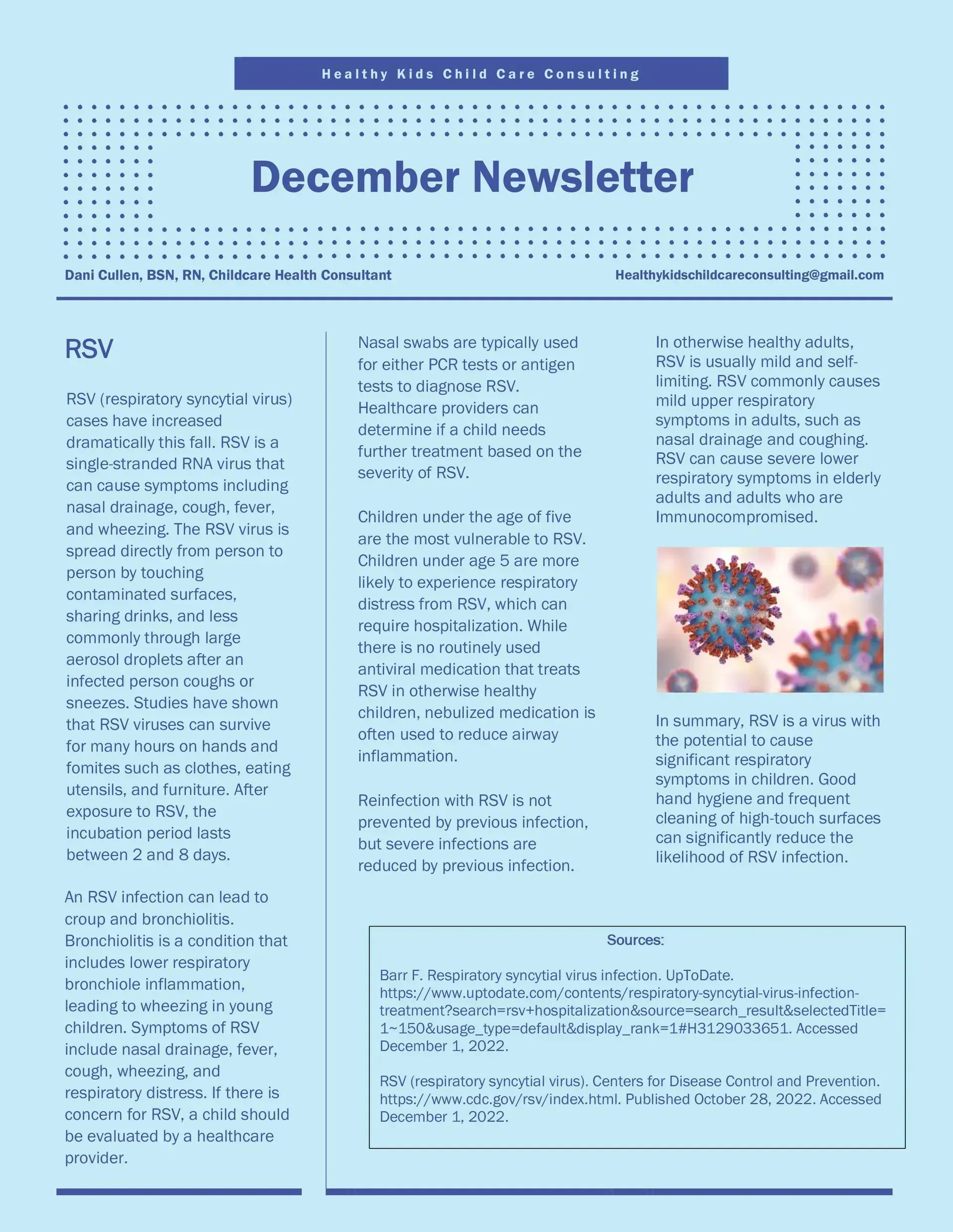December newsletter with three-column text on a light blue page and a small festive image on the right