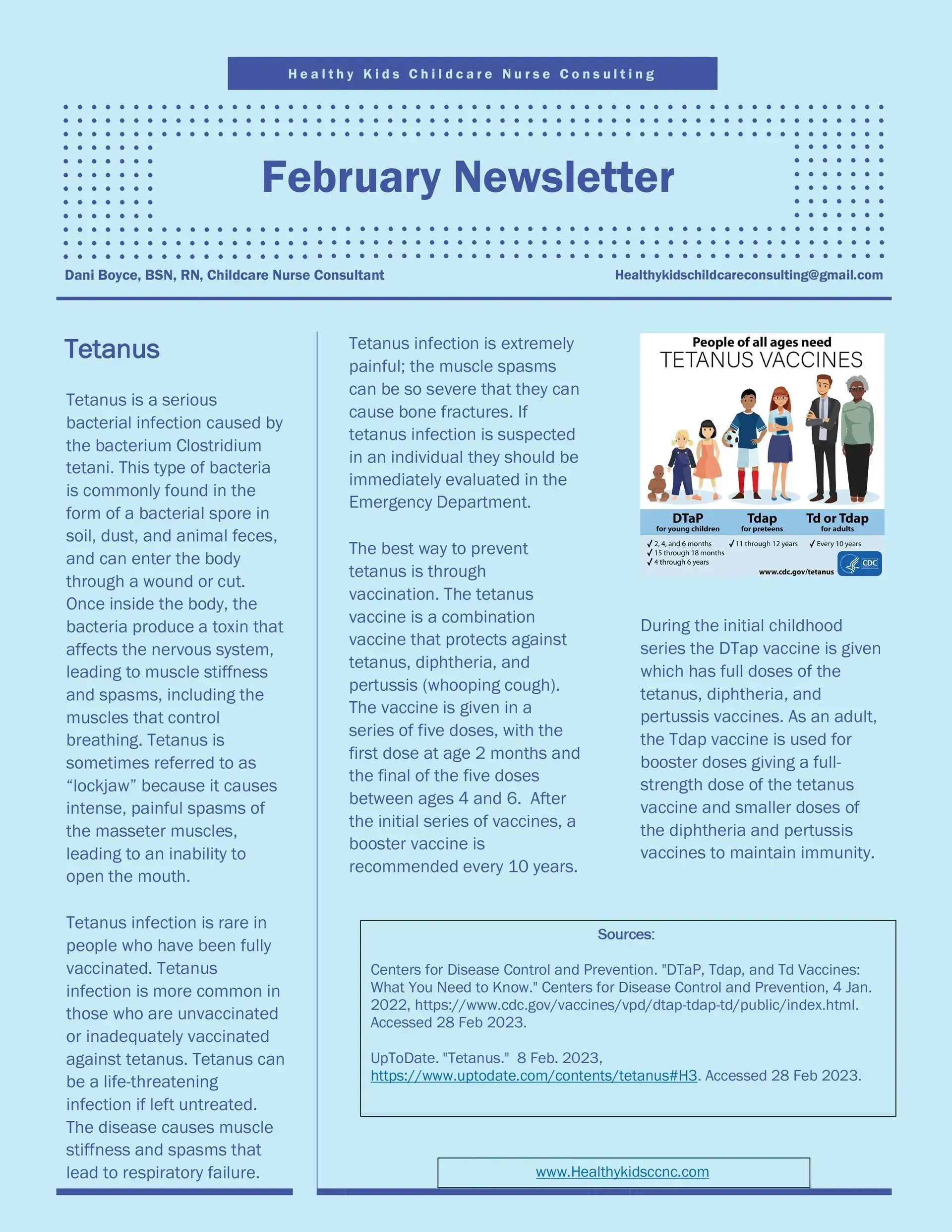 February newsletter page with columns of text and a small illustration on the right