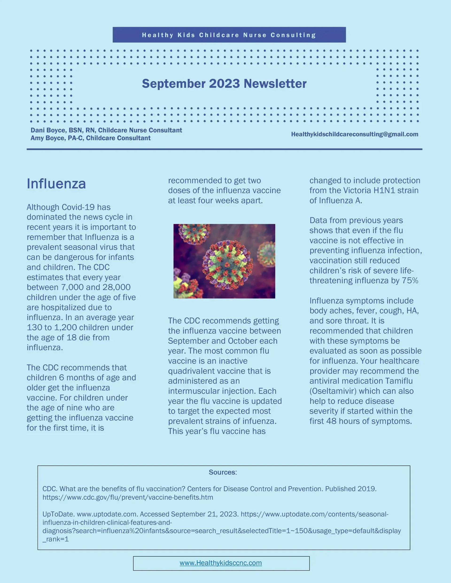 September 2023 newsletter page with three columns of text and a colorful circular image in the center