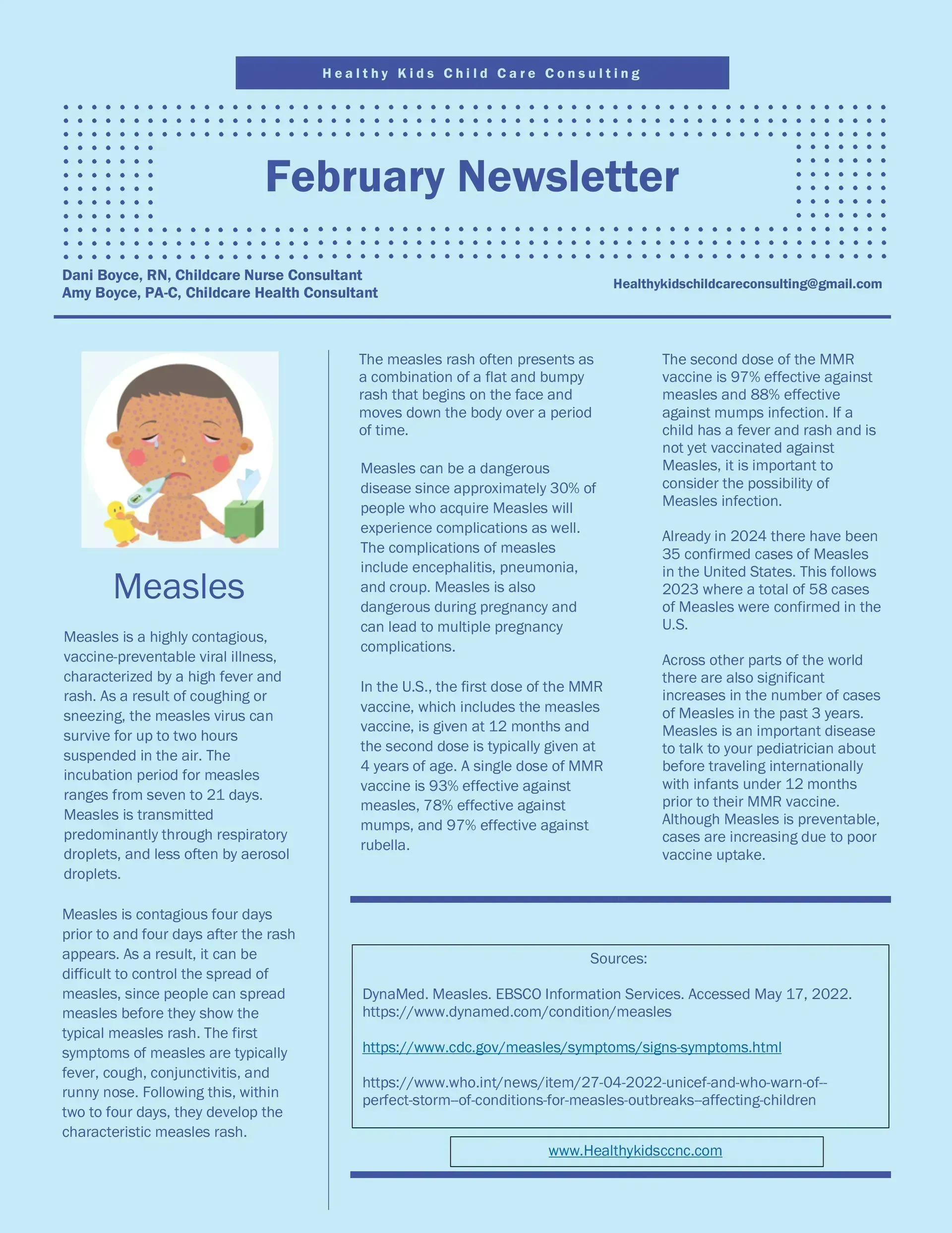 Blue February newsletter page with a small child illustration and a measles article.