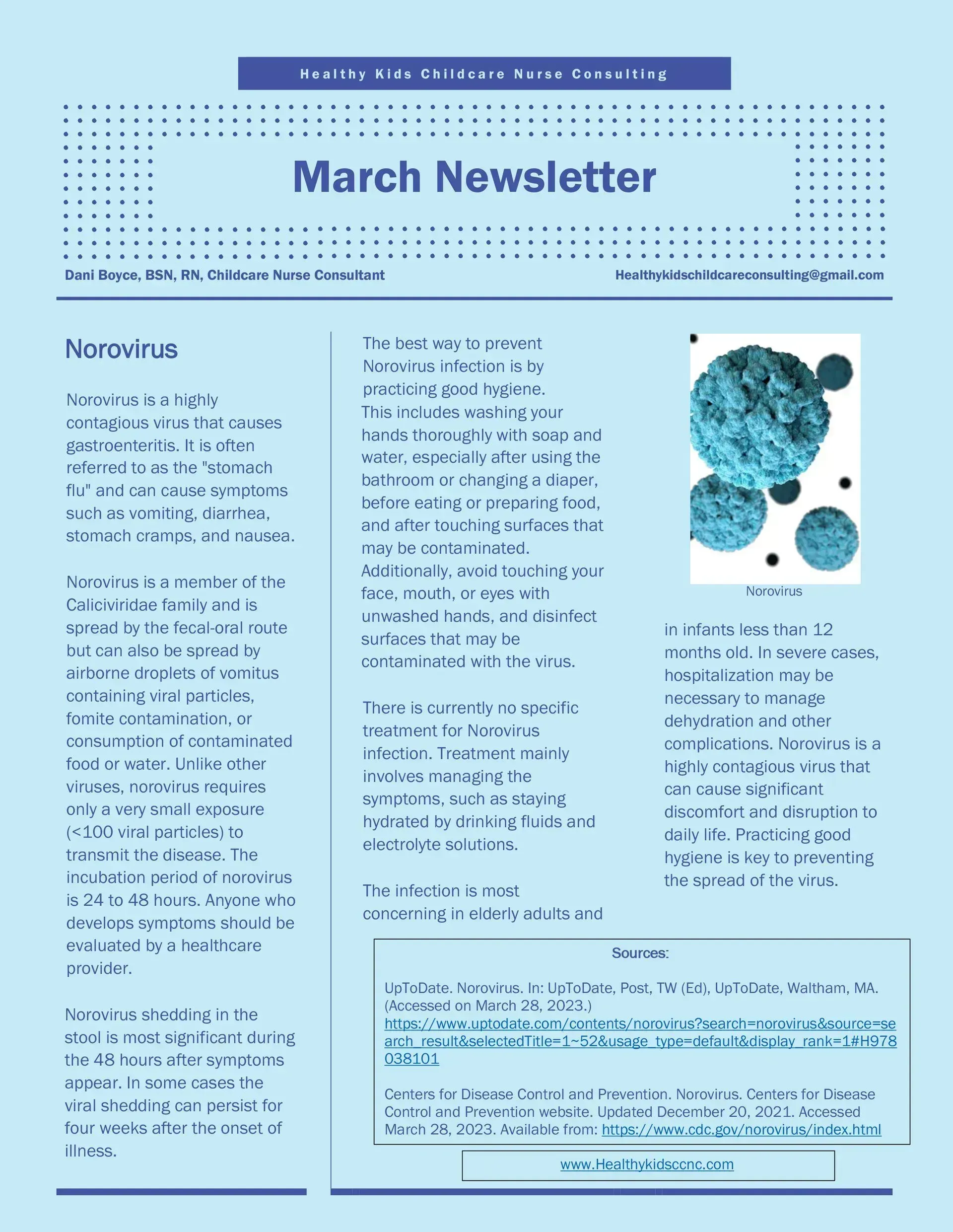 March newsletter page with blue header, columns of text, and a small circular blue image on the right