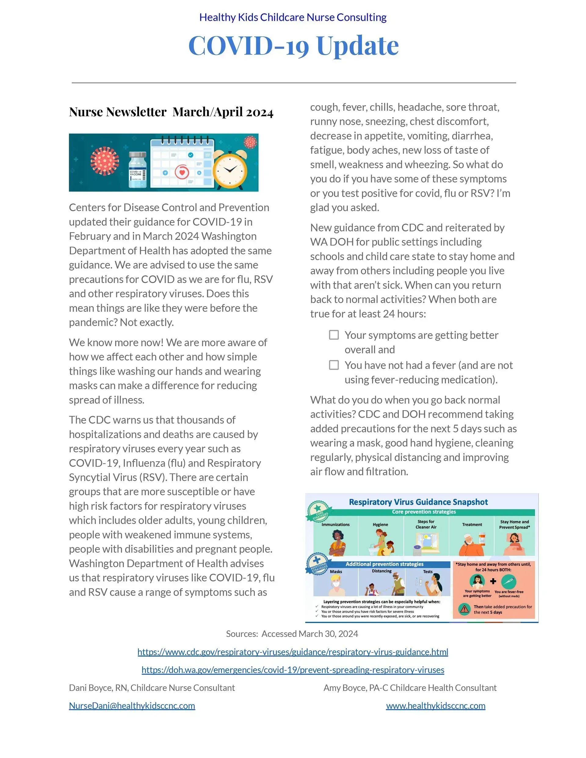 COVID-19 update poster with dense text and small health-related graphics, including a virus icon and protective measures.